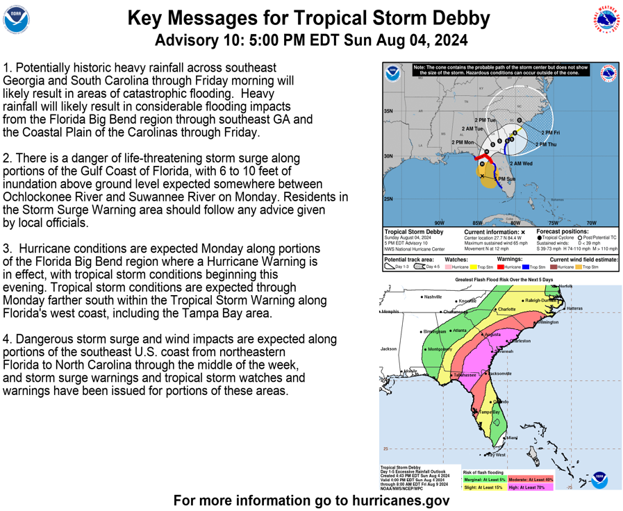 Tropical Tidbits — [Sunday] Debby to Hit Florida as a Hurricane; High Flooding Risk for Southeast U.S.