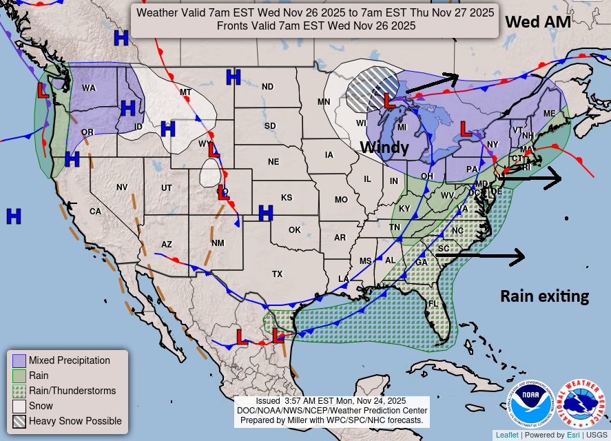 Thanksgiving Wednesday travel may not be too bad, as we check out the lake effect snow this week, the tropics, and risk of Central & Eastern cold next week